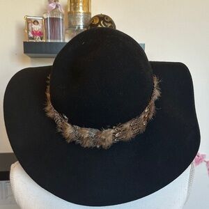 Bebe Black Hat with Brown Feather Band